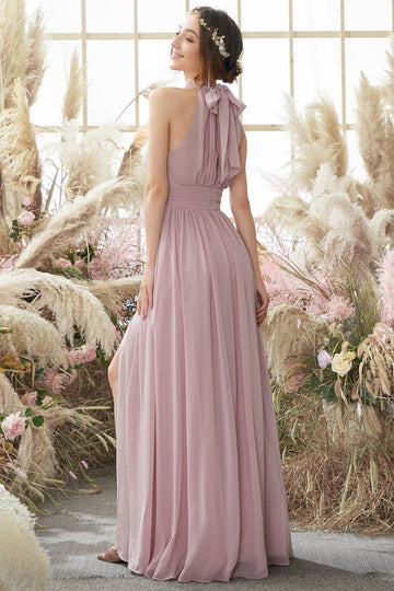 Halter Pleated Chiffon Bridesmaid Dress